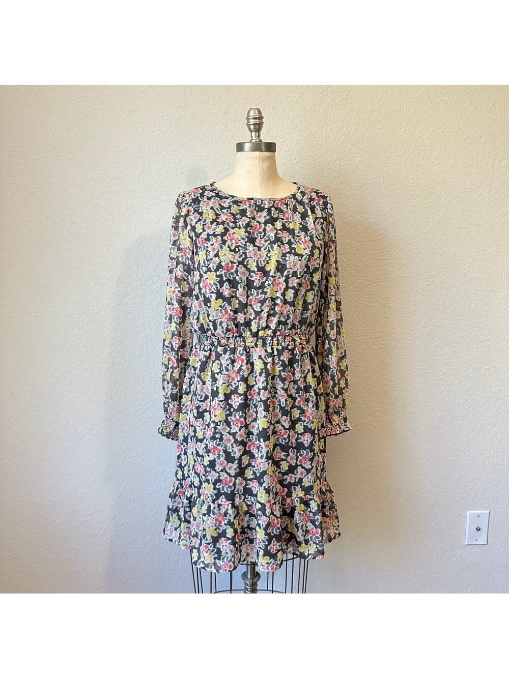 LOFT PETITES Mini Dress Floral Metallic Long Sleeve Smocked Boho NWT